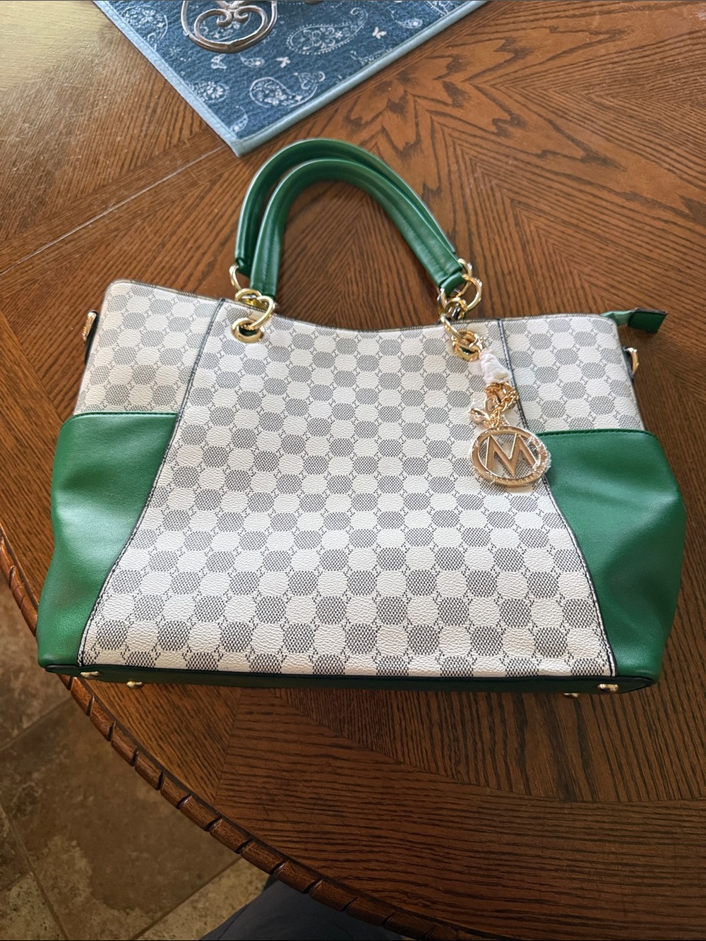 Green & White Checker Satchel with Gold Charm